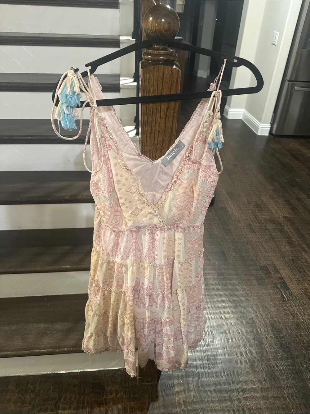 Blue B Boho Tassel Tie Babydoll Tank Top Pink Cream Size S